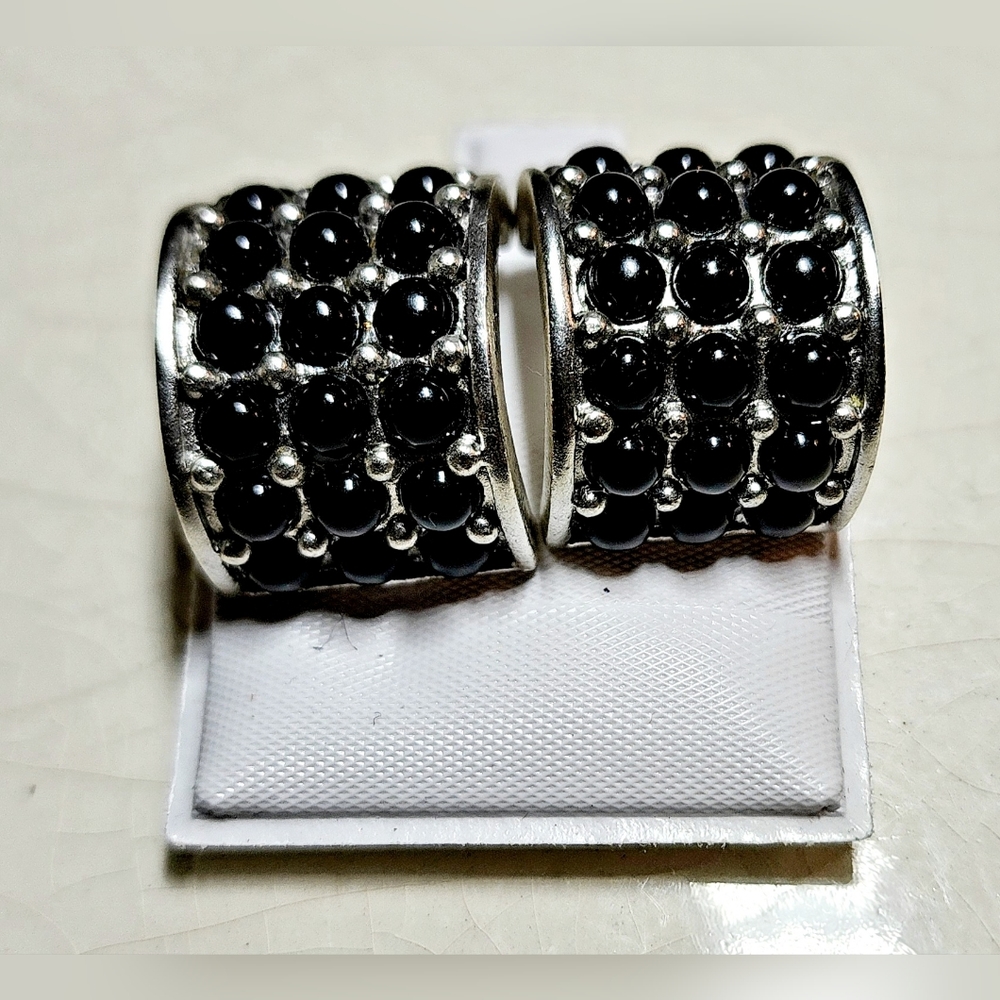 1980s silver tone wide black studded half hoop clip on earrings